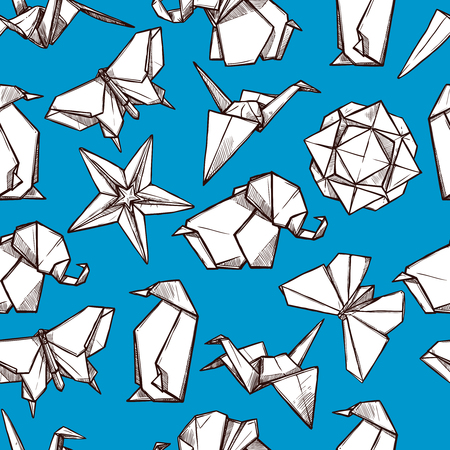 Origami white paper folded figures on blue background souvenirs presents wrap paper seamless pattern abstract vector illustrationのイラスト素材