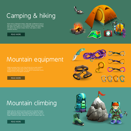 Alpine mountain climbing camping and hiking equipment interactive website 3d horizontal  banners set abstract isolated vector illustrationのイラスト素材