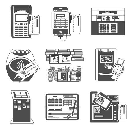 Payments methods black icons collection with bank transaction deposit machine and  credit card reader abstract vector illustrationのイラスト素材