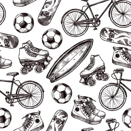 Active recreation seamless pattern with sketch skateboard soccer ball and shoes vector illustrationのイラスト素材