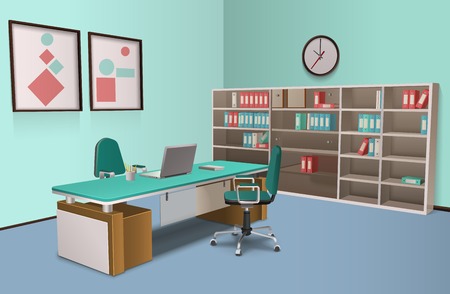 Realistic room in the office for big boss with  computer and rack and abstract decorations on the wall vector illustrationのイラスト素材