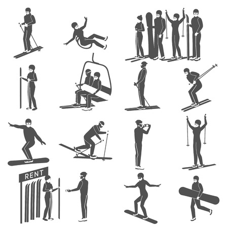 Ski resort  black icons collection with  tourists on skis and snowboards isolated vector illustrationのイラスト素材