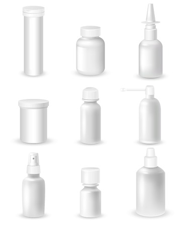 Medicine blank white bottles set for sprays and pills realistic isolated vector illustrationのイラスト素材