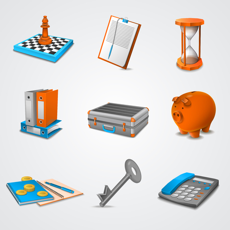 Business realistic icons set with 3d chessboard folders piggy bank isolated vector illustrationのイラスト素材