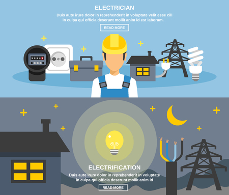 Electricity and power horizontal banners set with electrification symbols flat isolated vector illustrationのイラスト素材