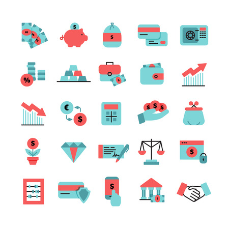 Flat color finance icons set with piggy bank credit cards  bag of money safe pocketbook and dollar sign isolated vector illustrationのイラスト素材