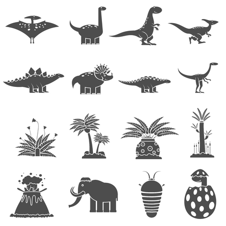 Dinosaurs and prehistoric nature black icons set isolated vector illustrationのイラスト素材