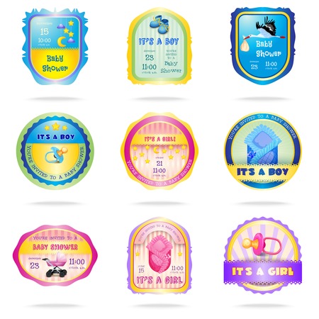 Baby shower emblems set with newborn girl and boy announcementsのイラスト素材