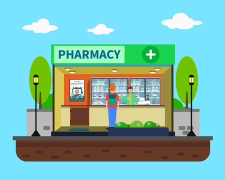 Pharmacy concept with medical drugstore building indoors flat vector illustrationのイラスト素材