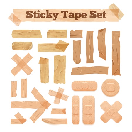Beige sticky tape set glued horizontal and vertical lines crosses and arrow isolated vector illustrationのイラスト素材