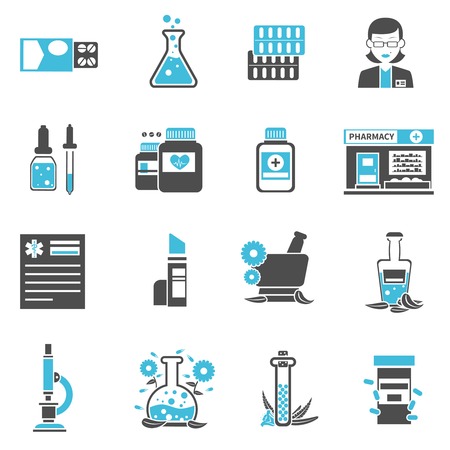 Pharmacy and apothecary black and blue icons set isolated vector illustrationのイラスト素材