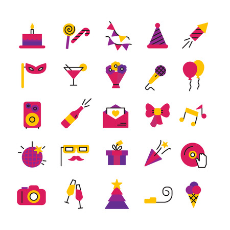 Celebration party and birthday icons set with masks petard champagne and balloons isolated vector illustrationのイラスト素材