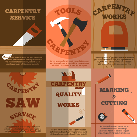 Carpentry marking and cutting works service 6 flat banners composition poster with sawmill abstract vector isolated illustrationのイラスト素材