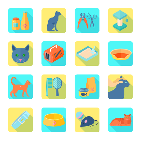 Indoor cat care accessories flat icons set with healthy vet approved food abstract shadow isolated vector illustrationのイラスト素材