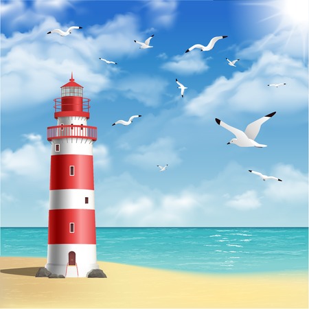 Realistic lighthouse on the beach with seagulls and ocean on background vector illustrationのイラスト素材
