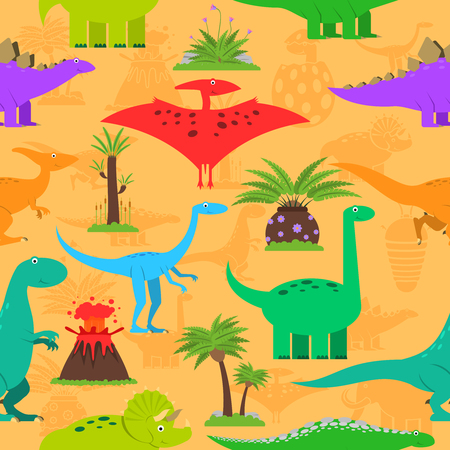 Dinosaurs prehistoric plants and volcano eruption seamless pattern vector illustrationのイラスト素材