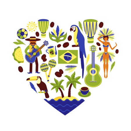 Brazil symbols decorative icons set in heart shape with football carnival coffee parrot vector illustrationのイラスト素材