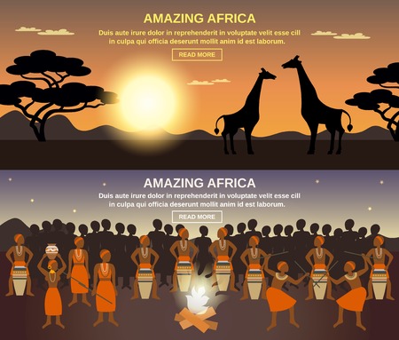 African people horizontal banners set with amazing Africa symbols flat isolated vector illustrationのイラスト素材