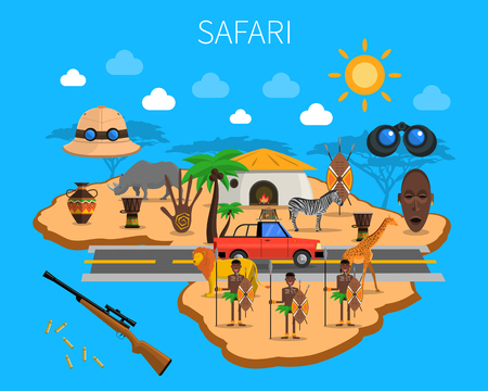 Safari concept with african continent map local tribes and animals vector illustrationのイラスト素材