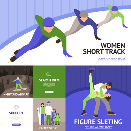 Winter sport flat icons set with short track figure skating snowboard isolated vector illustrationのイラスト素材
