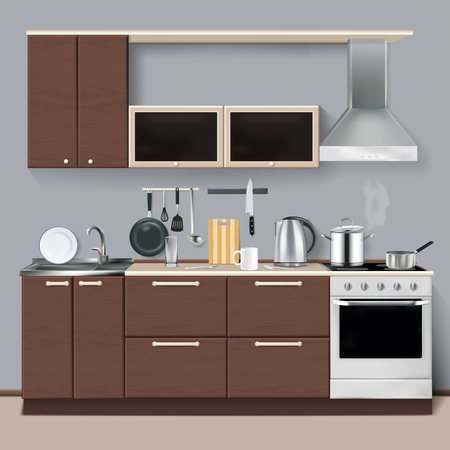 Realistic kitchen interior with cupboards cooker hood and sink vector illustrationのイラスト素材