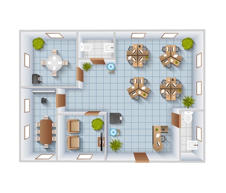 Office interior top view blueprint template with conference room and restroom vector illustrationのイラスト素材