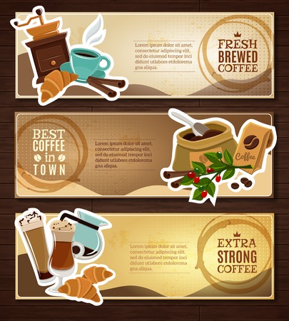 Cafe bar vintage style 3 horizontal banners set freshly brewed coffee advertisement board abstract isolated  vector illustrationのイラスト素材