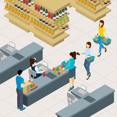 People at the shopping line paying for food and drinks isometric vector illustrationのイラスト素材