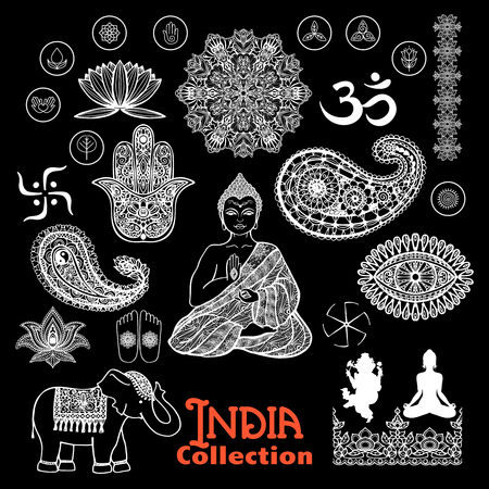 India design elements chalkboard  set  with woman in lotus position elephant  paisley and ornament  vector illustrationのイラスト素材