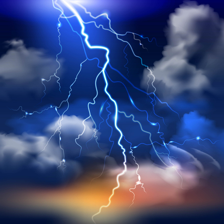 Lightning and stormy sky with heavy clouds realistic background vector illustrationのイラスト素材