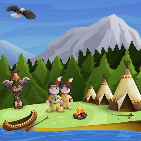 Native american concept with cartoon persons teepees and  mountains background vector illustrationのイラスト素材