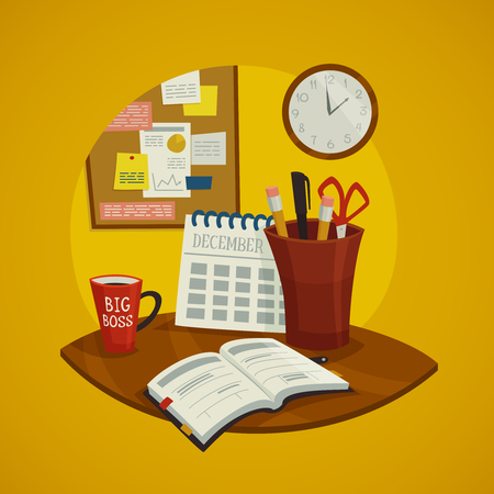 Workplace design concept set with datebook calendar  cup of coffee and wall clock vector illustrationのイラスト素材