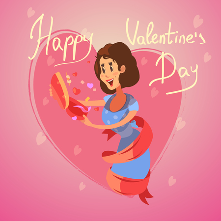 Valentine day retro cartoon card with happy firl opening the gift box vector illustrationのイラスト素材