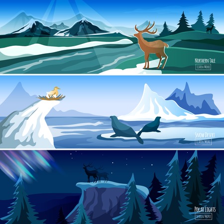 Northern landscape 3 flat interactive banners set with polar lights and icy mountains peaks  abstract vector illustrationのイラスト素材