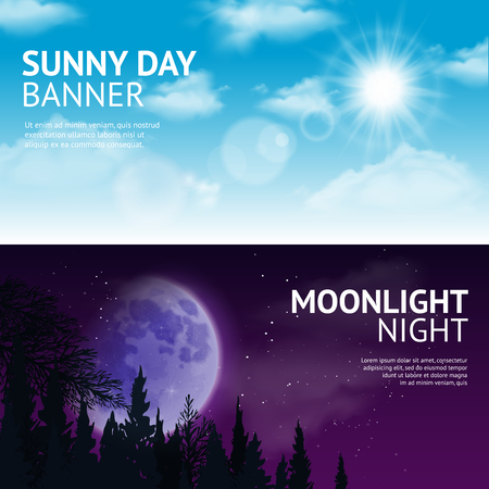 Night and day horizontal banner set with sun and moon in sky isolated vector illustrationのイラスト素材