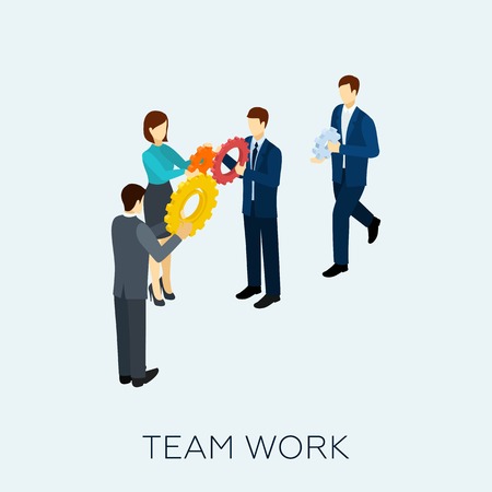 Teamwork concept with isometric business people and cogwheel mechanism vector illustrationのイラスト素材