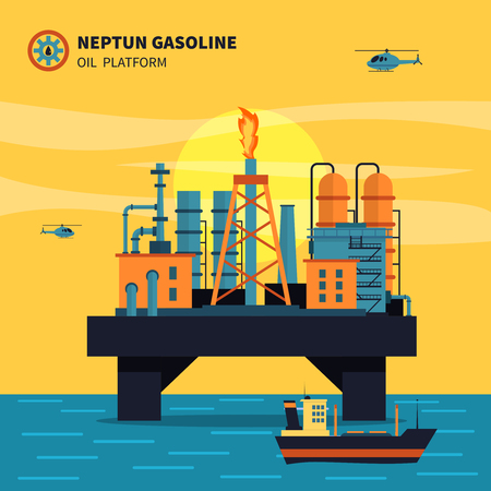Oil platform for oil extraction with ship sea and helicopters flat vector illustrationのイラスト素材