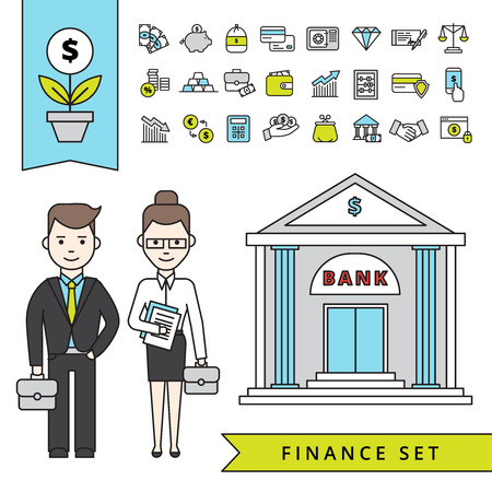 Flat finance concept with businessman and his employee near bank building and financial icons set isolated vector illustrationのイラスト素材