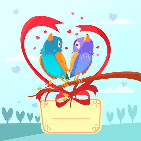 Valentine day retro cartoon card with birds couple vector illustrationのイラスト素材