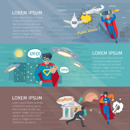 Superhero horizontal banners set with UFO symbols flat isolated vector illustrationのイラスト素材