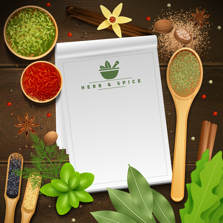 White recipe notepad on wooden background surrounded by various cooking herbs and spices realistic vector illustrationのイラスト素材