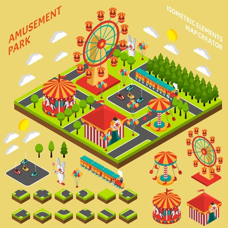 Amusement park attractions elements map creator isometric symbols for fairground composition banner abstract vector illustrationのイラスト素材