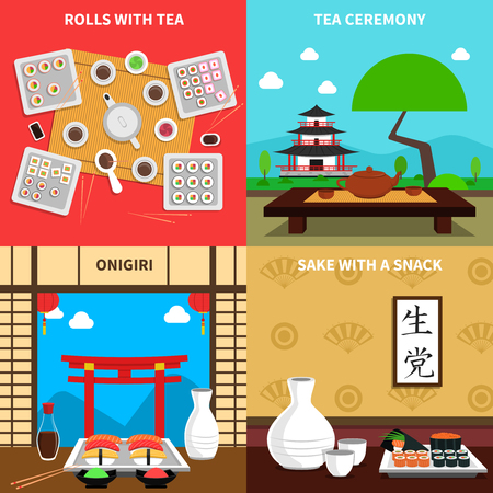 Sushi design concept set with rolls and tea ceremony flat icons isolated vector illustrationのイラスト素材