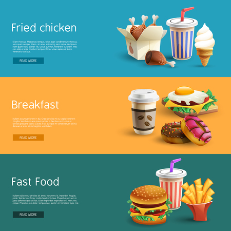 Fast food choice options online information 3 horizontal banners set with colorful pictograms abstract isolated vector illustrationのイラスト素材