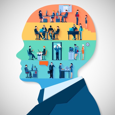 Business design concept with businessman head profile and employees icons collection in office interior flat vector illustrationのイラスト素材