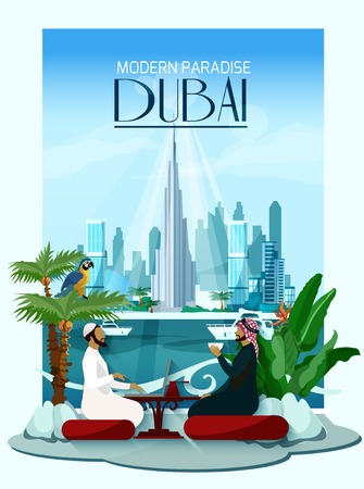 Dubai poster with two arabs sitting at table in front and city skyscrapers with burj khalifa in center on background flat vector illustrationのイラスト素材