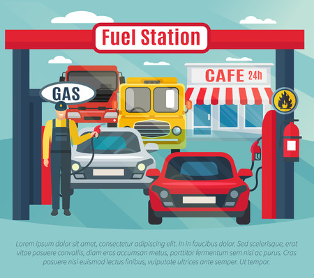 Gas station background with fuel worker cars and cafe flat vector illustrationのイラスト素材