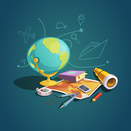 Geopraphy concept with retro cartoon school lesson set vector illustrationのイラスト素材