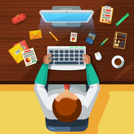 Accountant office work place with computer calculator and old fashioned bead count top view flat poster vector illustrationのイラスト素材