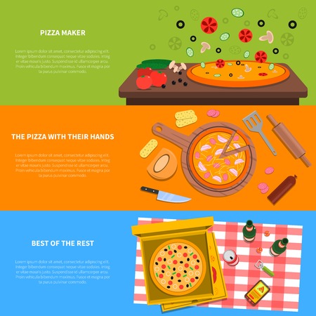 Pizza horizontal banner set with cooking process and ingredients flat elements isolated vector illustrationのイラスト素材